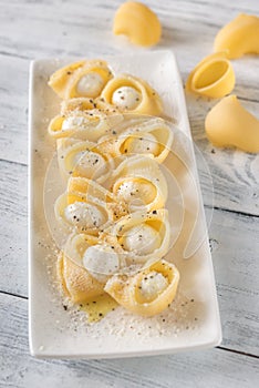 Lumaconi pasta stuffed with bocconcini