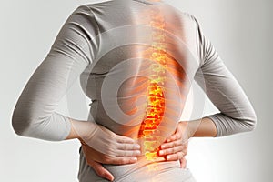 Lumbar intervertebral spine hernia, woman with back pain on a gray background, spinal disc disease, health problems concept, AI