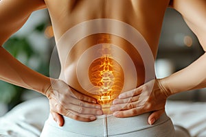 Lumbar intervertebral spine hernia, woman with back pain at home, spinal disc disease, health problems concept, AI Generated