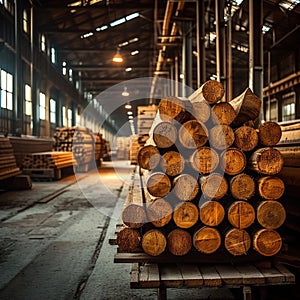 Lumber mill production concept Wooden plank stack, logs, sawmill industry