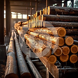 Lumber mill production concept Wooden plank stack, logs, sawmill industry