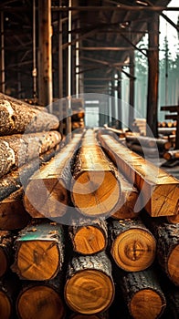 Lumber mill production concept Wooden plank stack, logs, sawmill industry