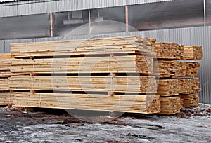 Lumber warehouse of finished products for construction close-up