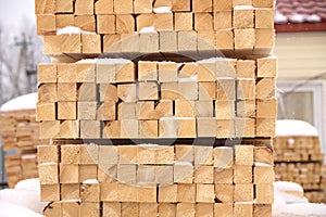 Lumber warehouse of finished products for construction close-up