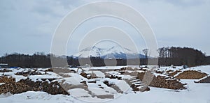 A lumbering yard under a snowy mountian