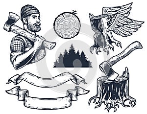 Lumberjack with ax. Set of elements for axeman