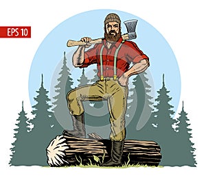 Lumberjack with axe and downed log, forest background. Vector illustration