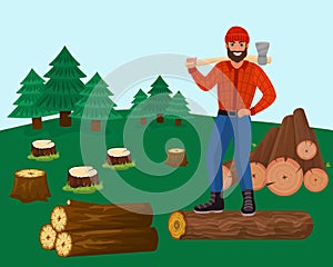 Lumberjack with axe in forest vector illustration. Woodcutter cutting down trees for timber, logs. Spruces, stumps.