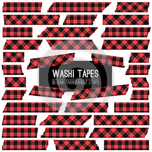 Lumberjack Buffalo Plaid Red and Black Washi Tape Vector Strips.