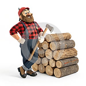 Lumberjack Cartoon Character with Stack of Logs