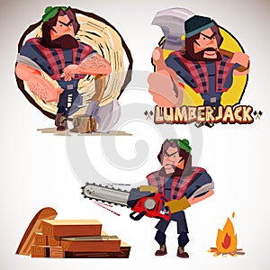 Lumberjack character in action set. logo of carpenter