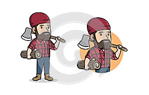 Lumberjack character with axe and downed log for logo design