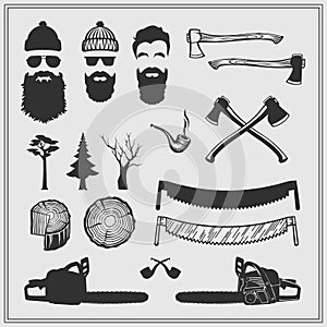 Lumberjack characters with tools and attributes set: chainsaws, saws, axes, stamps and trees. photo
