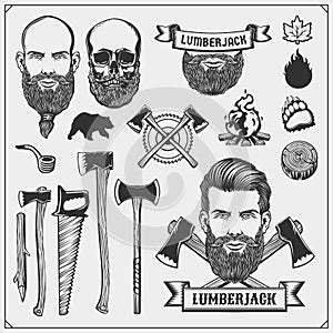 Lumberjack collection. Lumberjack characters and tools. Axes, saws and trees. Vintage style.