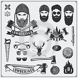 Lumberjack collection. Lumberjack characters and tools. Axes, saws and trees. Vintage style.