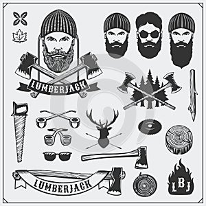 Lumberjack collection. Lumberjack characters and tools. Axes, saws and trees. Vintage style. photo