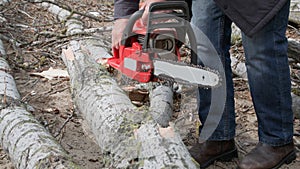 lumberjack, elderly man starts a chainsaw to cut trees into stumps on street, close-up