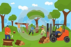 Lumberjack group in forest, vector illustration. Man people character cut tree, cartoon lumber, wood log. Woodcutter