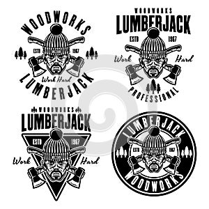 Lumberjack head in knitted hat and crossed axes set of vector emblems in vintage monochrome style isolated on white