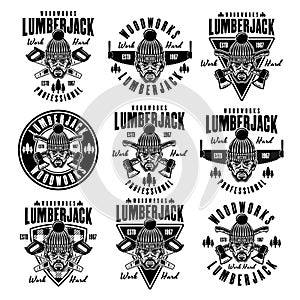 Lumberjack head in knitted hat set of vector emblems in vintage monochrome style isolated on white