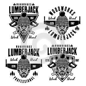 Lumberjack head in knitted hat set of vector emblems in vintage monochrome style isolated on white background