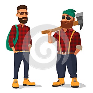 Lumberjack and hipster in the yellow shoes and a red plaid shirt. Vector flat illustration on white background