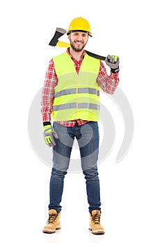Lumberjack holding an axe on his shoulder
