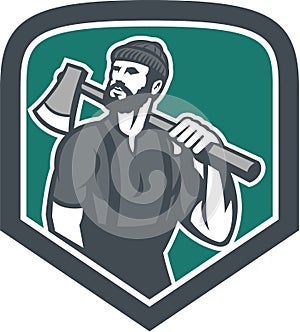 Lumberjack Holding Axe Shield Retro