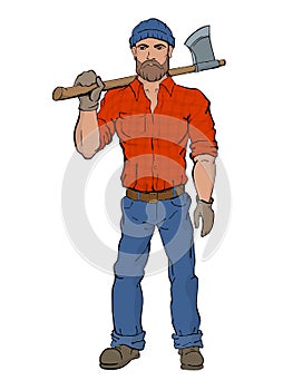 Lumberjack holds in hands axe