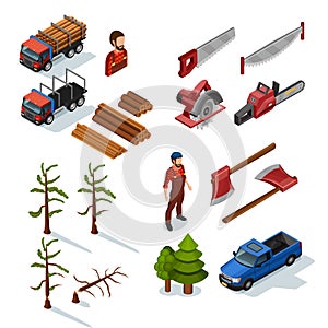 Lumberjack Isometric Icons Set