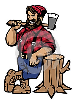 Lumberjack lean on the wood log