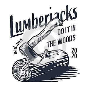 Lumberjack log, wood or timber with rings and ax