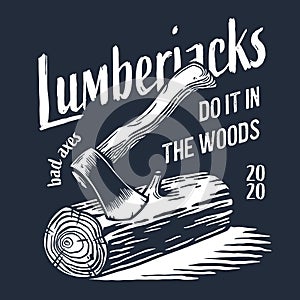Lumberjack log, wood or timber with rings and ax