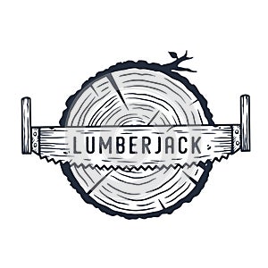 Lumberjack log, wood or timber with rings and saw