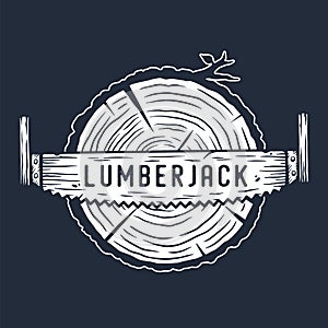 Lumberjack log, wood or timber with rings and saw