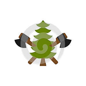 Lumberjack logo Wood and ax. feller sign Christmas tree and axes