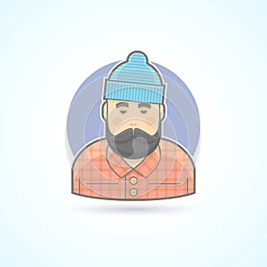 Lumberjack, man with beard, hipster, woodman icon. Avatar and person illustration.