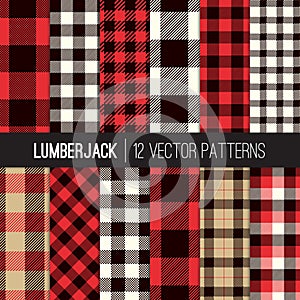 Lumberjack Plaid and Buffalo Check Seamless Vector Patterns in Red, Black, White and Tan.