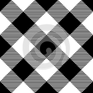 Lumberjack plaid pattern in black and white. Diagonal arrangement. Seamless vector pattern. Simple vintage textile