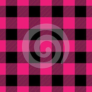 Lumberjack plaid pattern in pink and black. Seamless vector pattern. Simple vintage textile design