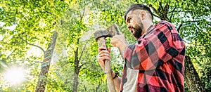 Lumberjack with plaid shirt among the trees. Lumberjack man. Chopping wood. Brutal lumberjack bearded man in woods on a