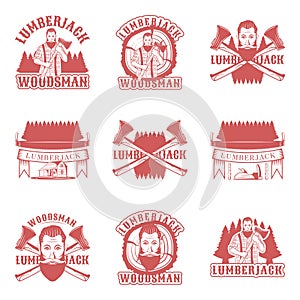 Lumberjack set of vector vintage emblems, labels, badges and logos in monochrome style on white background