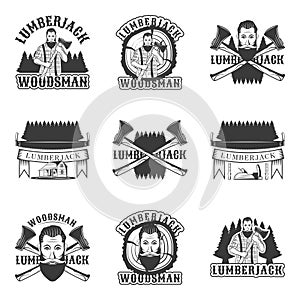 Lumberjack set of vector vintage emblems, labels, badges and logos in monochrome style on white background