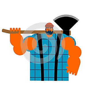 Lumberjack strong isolated. Woodcutter and axe. Big lumberman. f