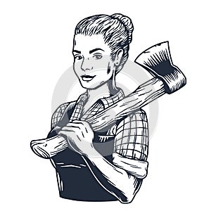 Lumberjack woman with axe. Female axeman for logo