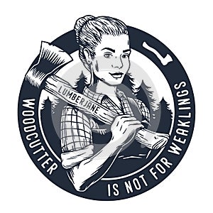 Lumberjack woman with axe. Female axeman for logo