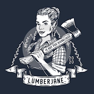 Lumberjack woman with axe. Female axeman for logo