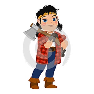 Lumberjack woman with axe icon, cartoon style