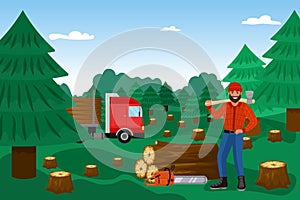 Lumberjack with woodcutter in forest, timber vector illustration. Lumber wood, cutting logs worker cartoon character