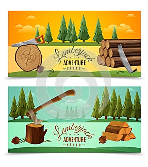 Lumberjack Woodcutter Horizontal Banners Set